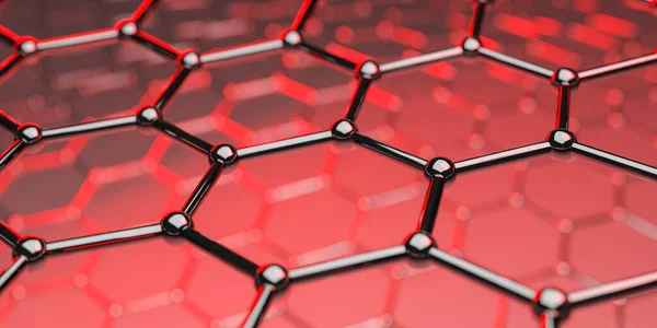 Γραφένιο τεχνολογία nano μοριακή δομή σε κόκκινο φόντο — Φωτογραφία Αρχείου