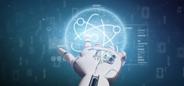 Cyborg holding an atom icon surrounded by data — Stock Photo, Image