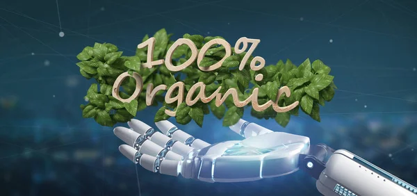 Cyborg holding a Wooden logo 100 % organic with leaves around 3d — Stock Photo, Image