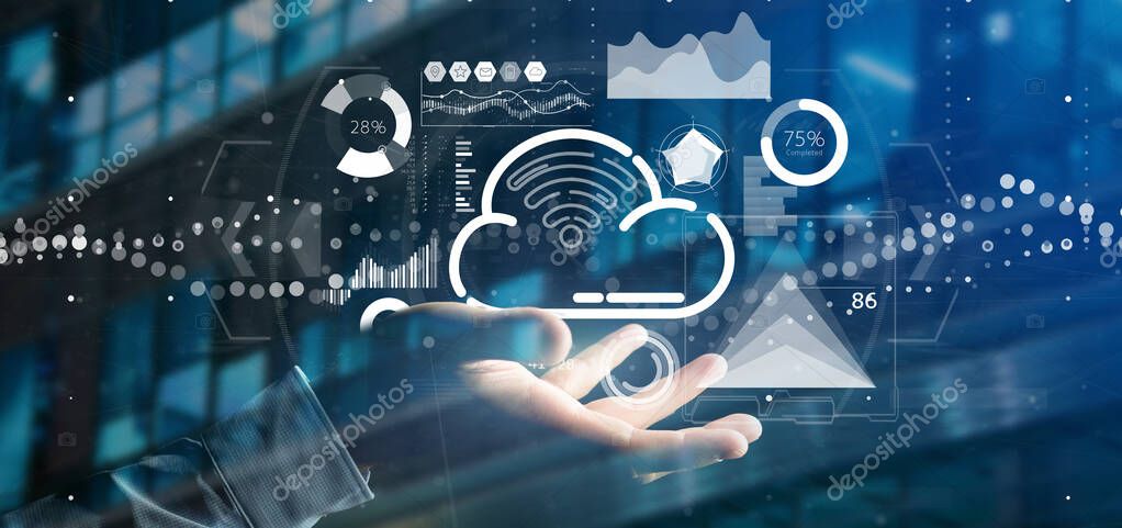 View of Businessman holding Cloud and wifi concept with icon, stats and data 3d rendering