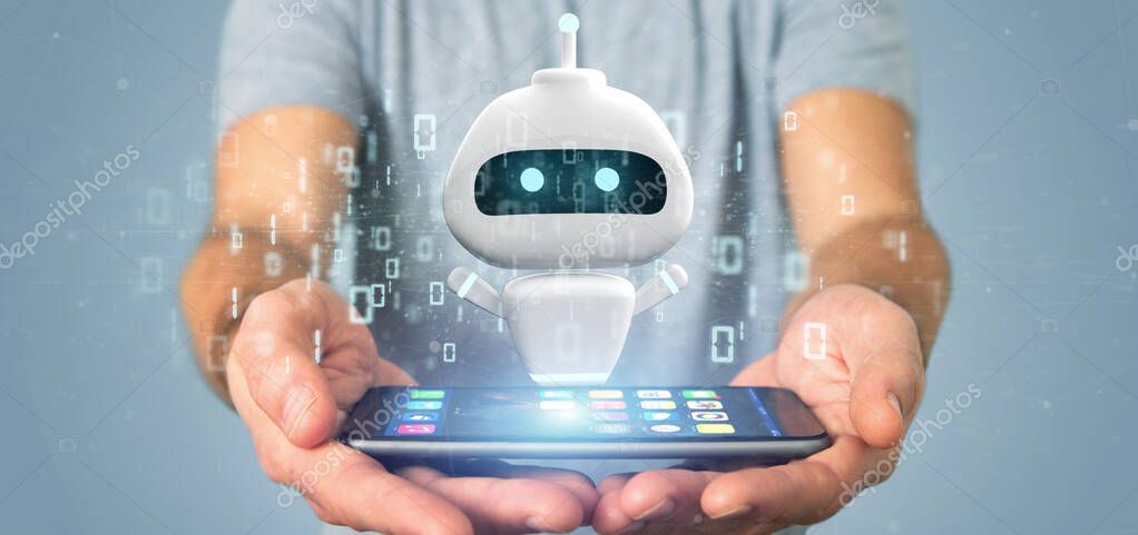 View of Businessman holding Chatbot with binary code 3d rendering