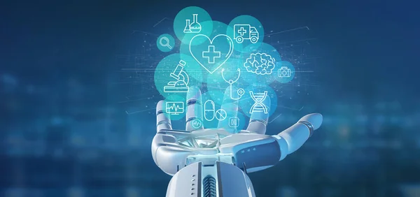 Cyborg ruky držící lékařské připojení a ikona 3d vykreslování — Stock fotografie
