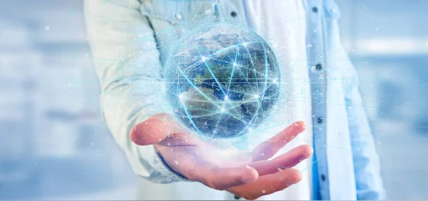 Man holding Connection around a world globe isolated 3d renderin — Stock Photo, Image