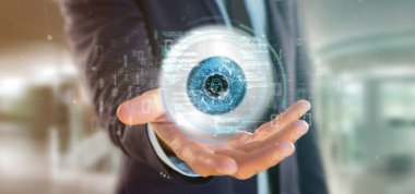 Verilerle görsel bir göz tanıma kavramına sahip bir iş adamının görüntüsü - 3D görüntüleme