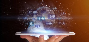 Sosyal ağ bildirimleri tutan bir iş adamının görünümü - 3D görüntüleme