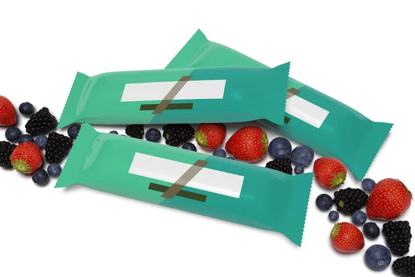 赤い果実の白い背景にシリアルバーパッケージのモックアップビュー 3Dレンダリング — ストック写真