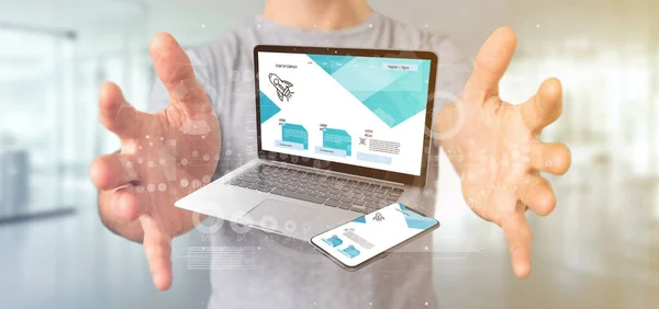 Dizüstü Bilgisayar Akıllı Telefon Tutan Bir Işadamı Görünümü Rendering — Stok fotoğraf