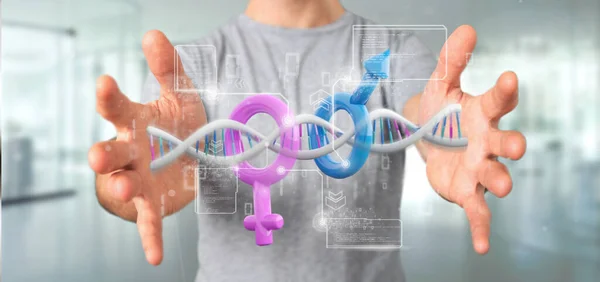 View Businessman Holding Dna Data Male Female Symbol Rendering — Stock Photo, Image
