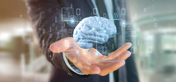 Vista Empresário Segurando Cérebro Artificial Inteligência Com Dados Renderização — Fotografia de Stock