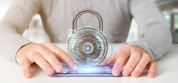 View Businessman Holding Padlock Security Data Rendering — Stock Photo, Image