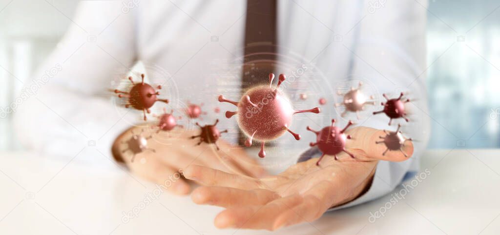 View of a Businessman holding a Group of red virus cell - 3d rendering