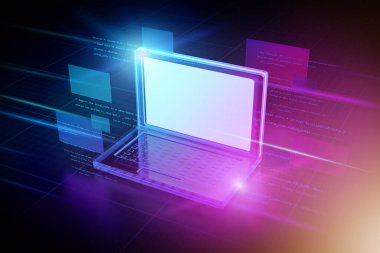 Bir dizüstü bilgisayarın soyut arkaplan illüstrasyonunun görünümü - 3d görüntüleme