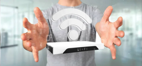 Zicht Een Zakenman Met Een Wifi Router Data Rendering — Stockfoto