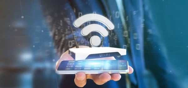 View Businessman Holding Wifi Router Data Rendering — 스톡 사진