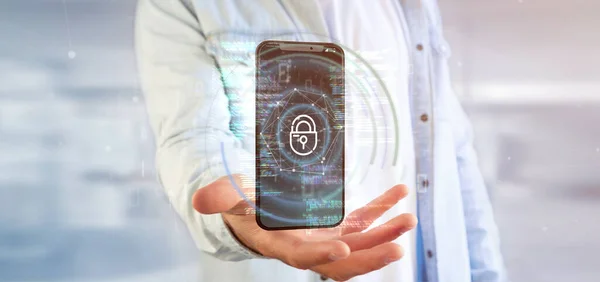 Ansicht Eines Geschäftsmannes Mit Sicherheitsdaten Und Smartphone Sicherheit Rendering — Stockfoto