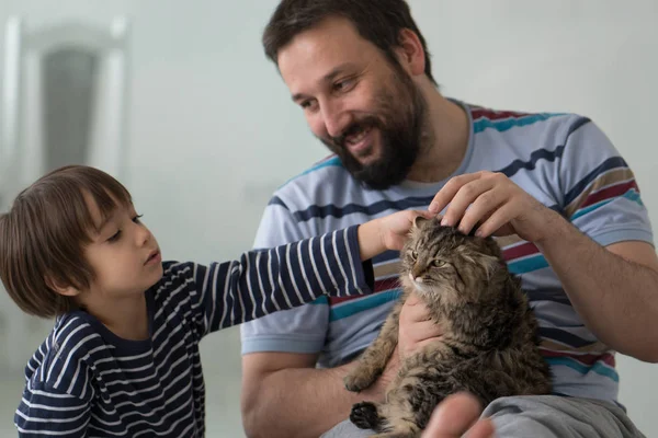 Vuxen man och hans lille son med katt i hemmet — Stockfoto