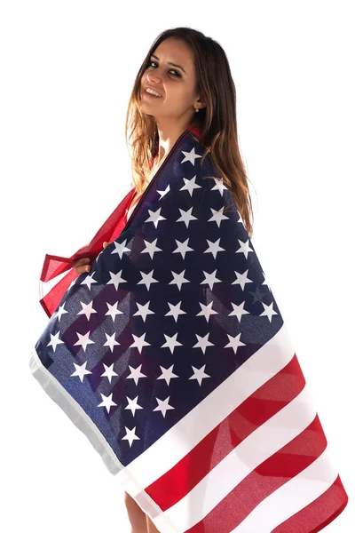 Dark Skinned Romanian Brunette Wrapped American Flag — Stock Photo, Image