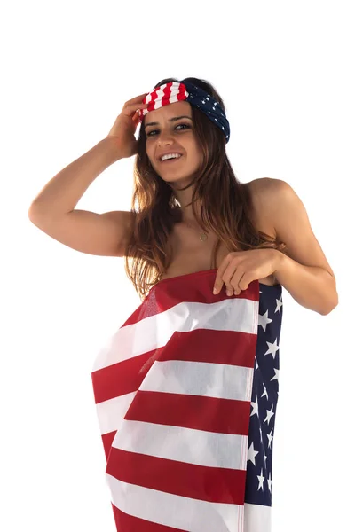 Dark Skinned Romanian Brunette Wrapped American Flag — Stock Photo, Image