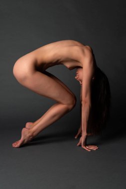 Gri bir arka plan üzerinde uzun boylu ince Ukraynalı esmer oturan çıplak