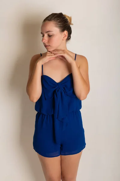 Pretty Petite Brunette Blue Romper Dress — Stock Photo, Image
