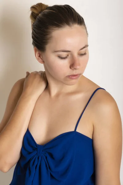 Pretty Petite Brunette Blue Romper Dress — Stock Photo, Image