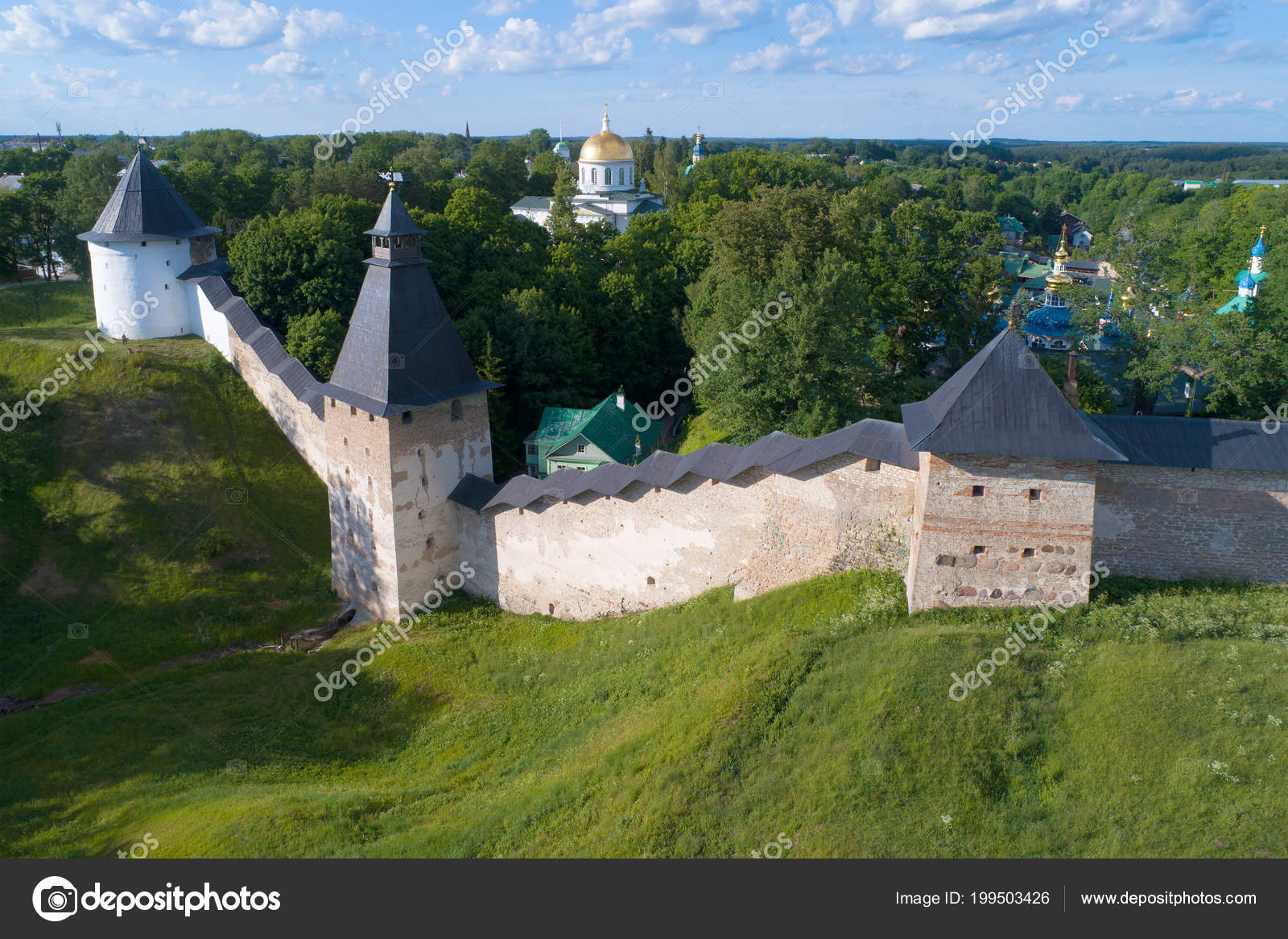 Towers Holy Dormition Pskov Caves Monastery Sunny July Day Pechory Stock Editorial Photo C Sikaraha 199503426