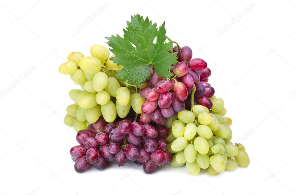 fresh rose and green grapes with leaf on white