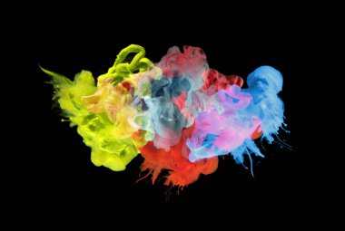 Akrilik renkler su. Mürekkep lekesi. Arka plan. Siyah izole.