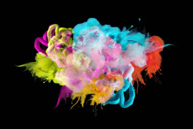 Akrilik renkler su. Mürekkep lekesi. Arka plan. Siyah izole.