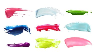 Akrilik renk fırça darbesi. Koleksiyon. Beyaz arka plan üzerinde izole. 