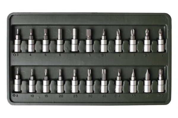 Set of screwdriver bits in box — Stock Photo, Image