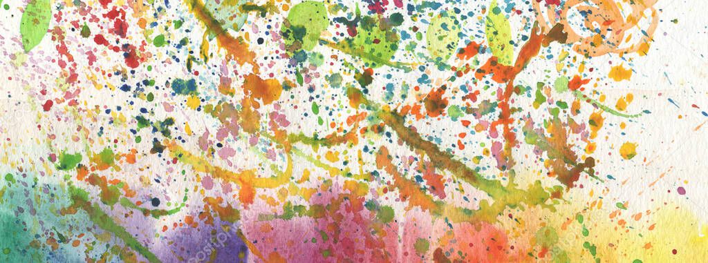 Abstract stain blot acrylic and watercolor painting. Canvas texture background. Horizontal long banner