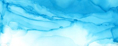 Soyut mavi boya lekeleri arka planda. Alkol mürekkebi renkleri. Mermer dokusu. Yatay uzun pankart