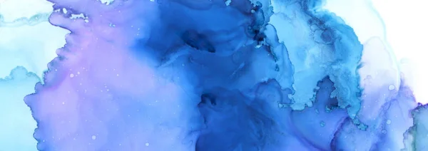 艺术文摘蓝色颜料污迹背景 酒精油墨的颜色 清晰的质感横向长横幅 — 图库照片
