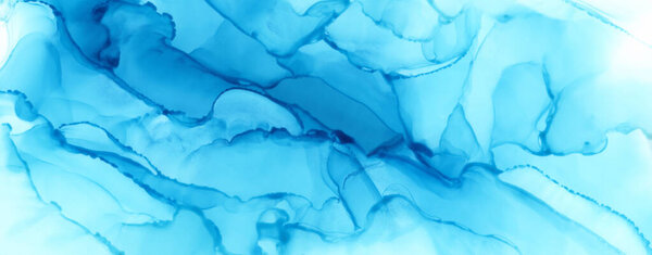 Синяя абстрактная краска пятна на фоне. Алкогольные чернила. Мраморная фактура. Горизонтальное длинное знамя
.