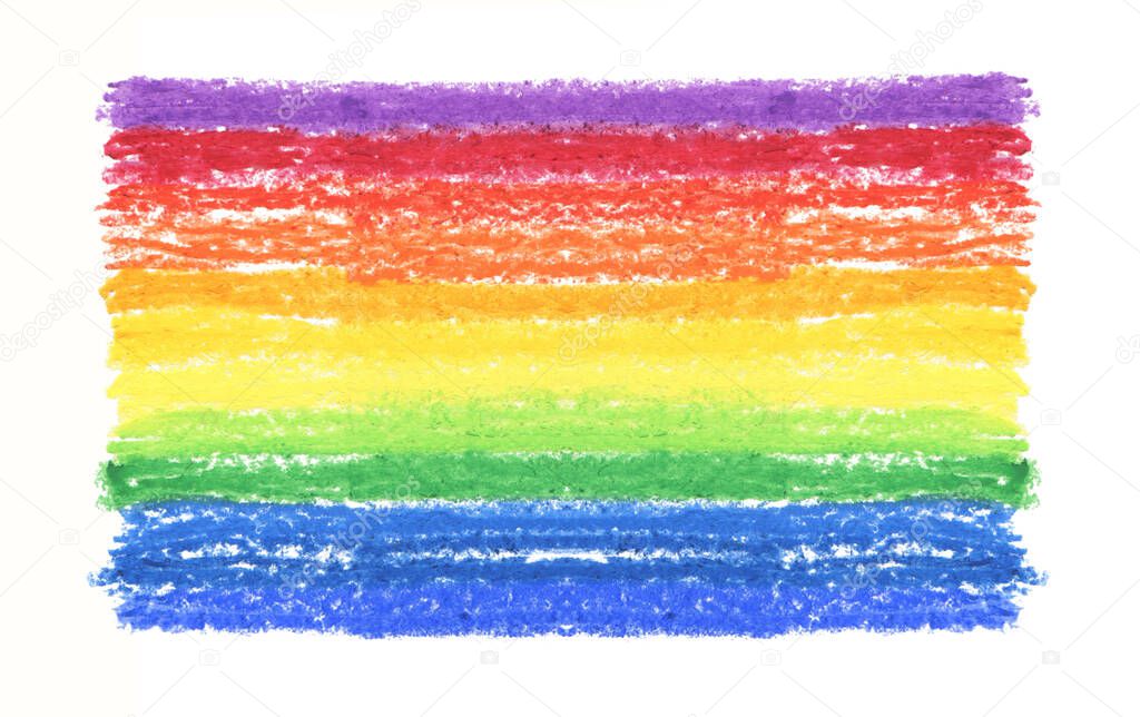 Oil pastel rainbow stroke texture on white background. Isolated.