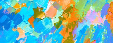 Soyut akrilik ve suluboya lekeli resim. Çadır bezi arkaplanı. Canlı renkler. Yatay uzun pankart