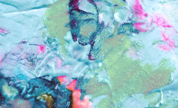 Абстрактные Цветовые Пятна Фона Акриловая Синяя Краска Блестками Мраморная Текстура — стоковое фото