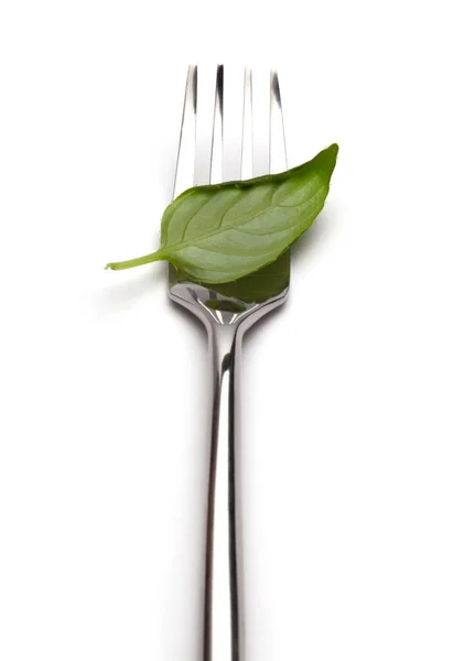 Fourchette Avec Feuille Verte Sur Blanc Concept Végétalien — Photo