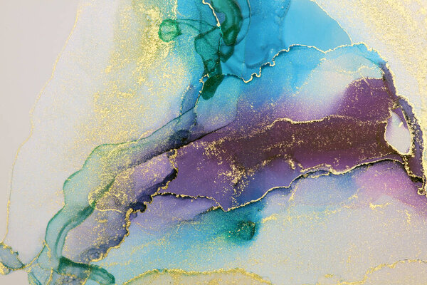 Abstract paint blue and violet wave blots background. Alcohol ink colors. Marble texture. 