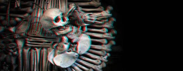 Skull Bones Glitch Digital Neon Holographic Effect Horizontal Background — Stock Photo, Image