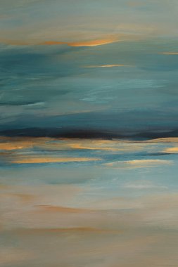 Art oil, Acrylic brush stroke smear blot painting sea landscape canvas. Abstract texture gold, blue color stain background.