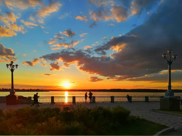 Volga River Samara Embankment Golden Rays Sunset Stock Photo