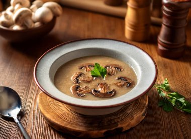 mushrooms soup on wooden kitchen, close view