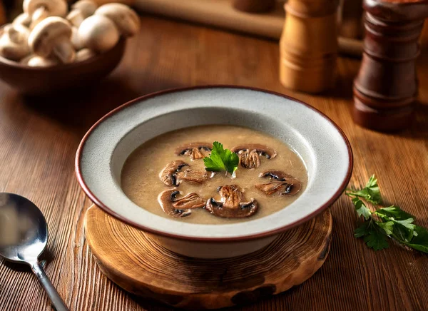 mushrooms soup on wooden kitchen, close view
