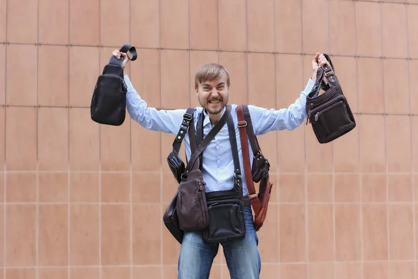 Homem Barbudo Feliz Com Compra Muitos Sacos Couro Sacos Nos — Fotografia de Stock