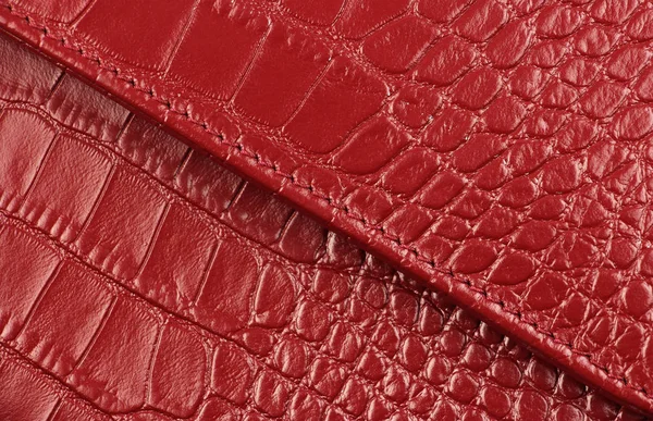 Two Pieces Genuine Natural Red Maroon Leather Diagonal Seam Crocodile — Stock Photo, Image