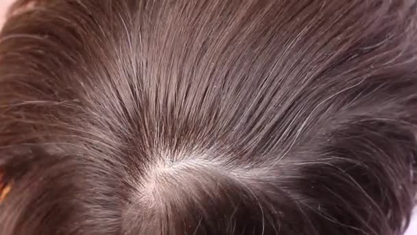 理发师梳一个人的头发 头发刷 顶部视图 特写宏 — 图库视频影像