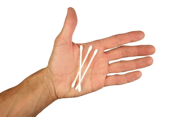 つの白い綿棒または芽個人衛生または人間の手のひらに 傷の治療のため分離された白い背景に クローズ アップ — ストック写真