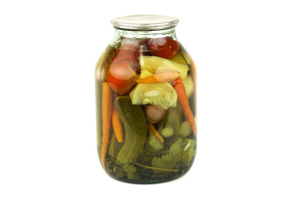 glasses jar with pickled vegetables and herbs, marinated and can